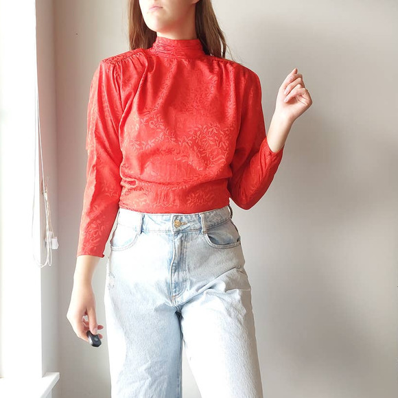 Vintage 80s Red Jacquard Mock Neck Designer Blouse, Oleg Cassini Top - Picture 2 of 4